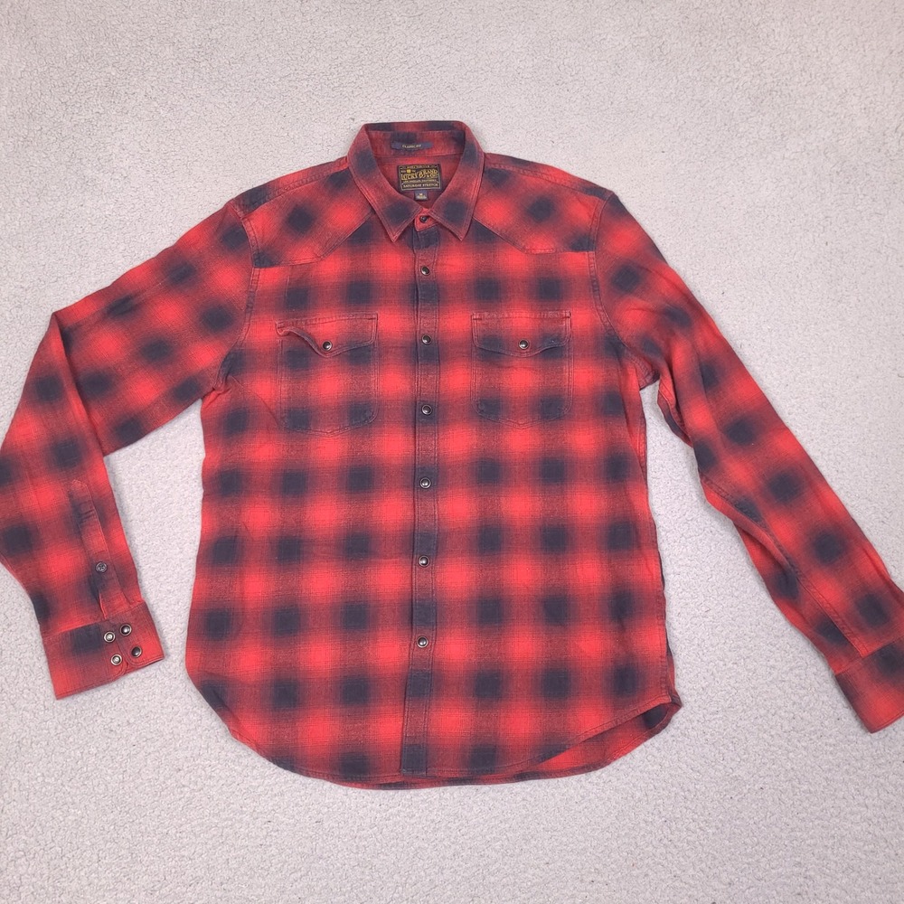 Lucky‎ Brand Flannel Shirt Mens Medium Western Pearl Snap Plaid Saturday Stretch